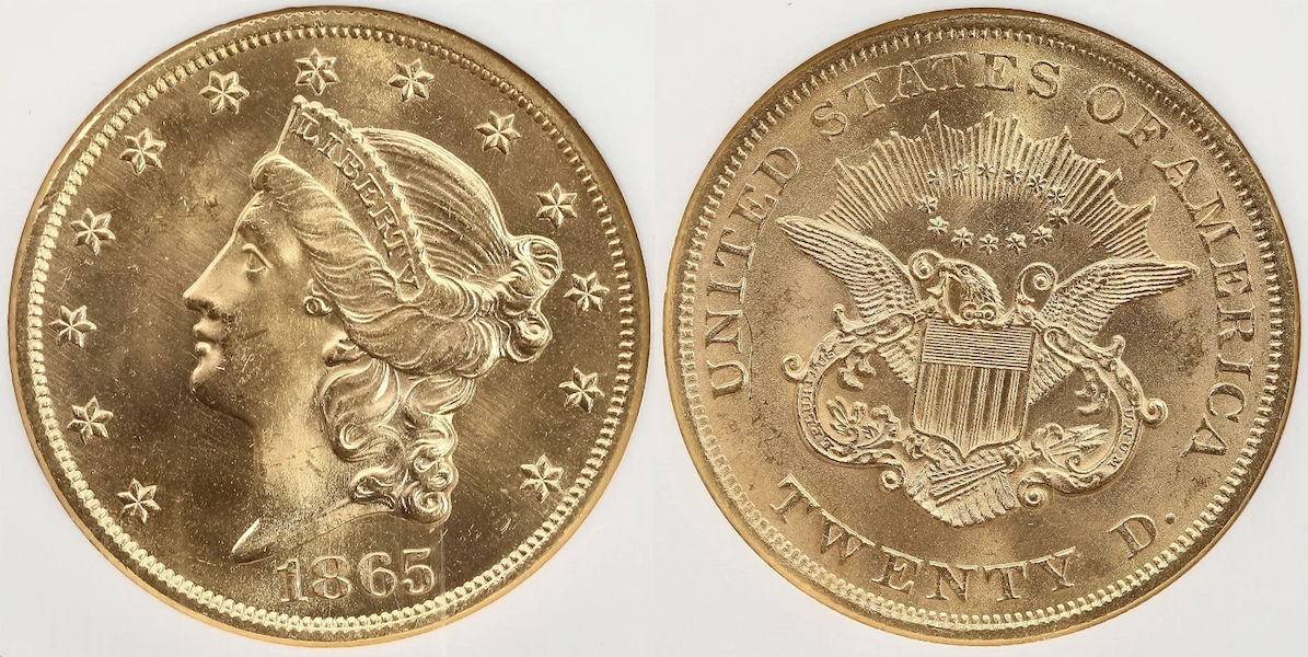 1865 US $20 gold coin in near-perfect condition, recovered from the SS Republic, estimated at $35,000-$60,000