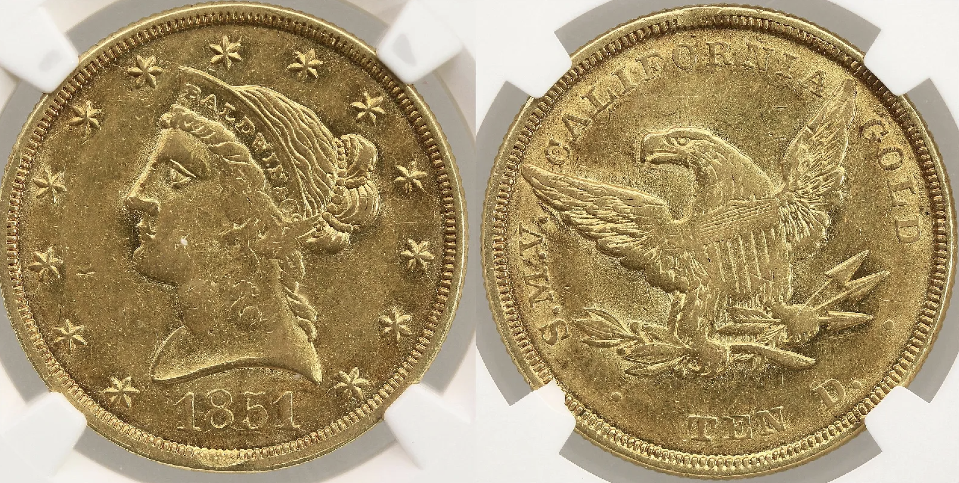 Baldwin 1851 $10 gold coin in mint state, one of very few known, estimated at $180,000-$250,000
