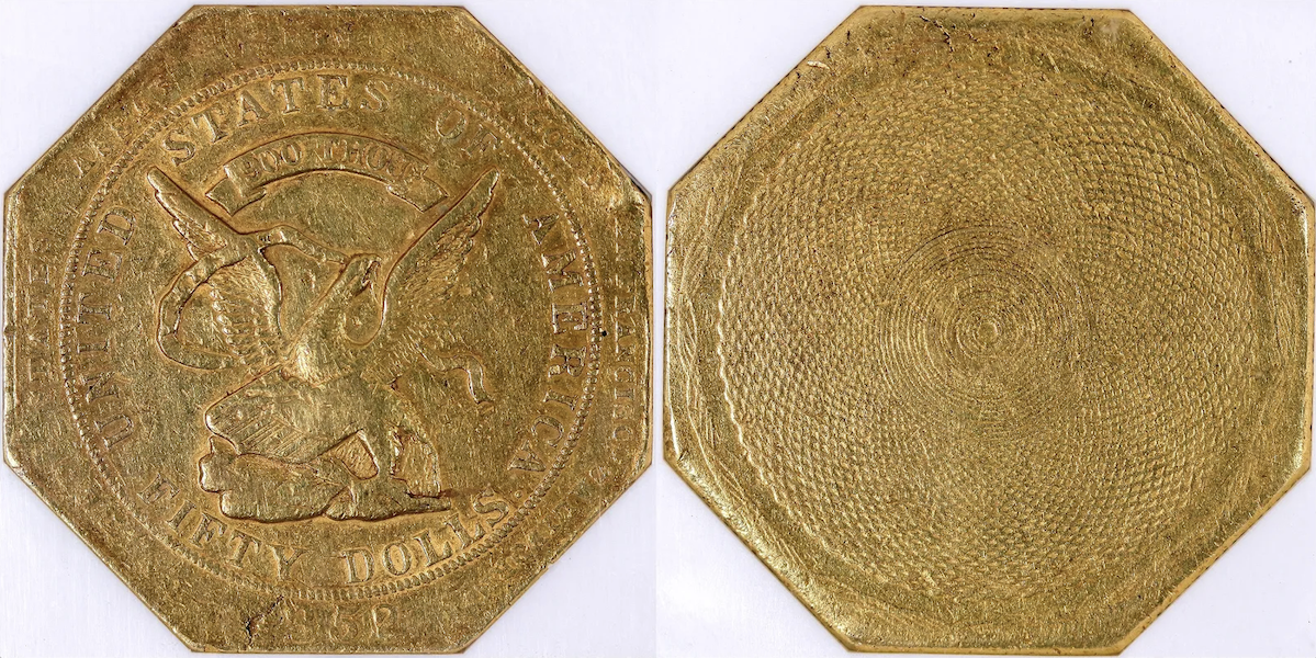 1852 US Assay Office $50 gold piece described as a ‘slug,’ estimated at $75,000-$150,000 