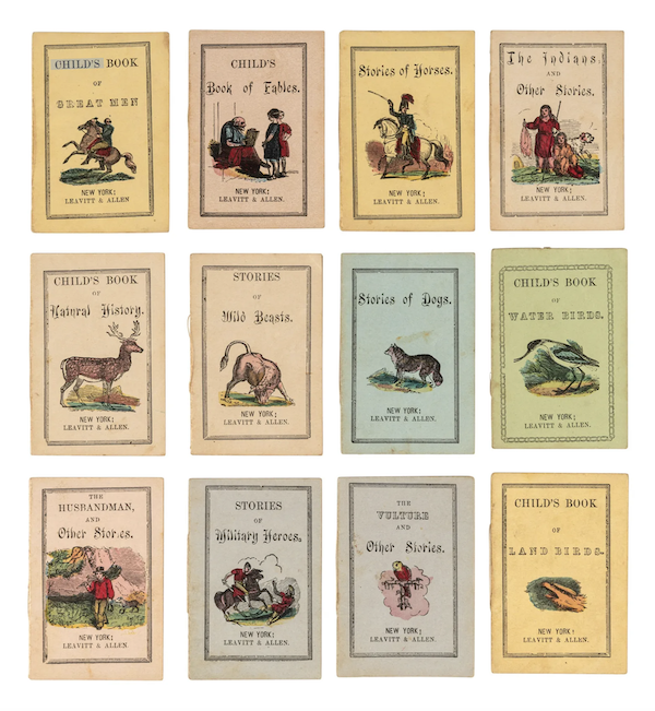 A significant subcategory of miniature books is children’s books. A complete circa-1850s 12-volume set dubbed ‘My Pet Box of Books,’ in its original hand-colored wrappers and original box, was offered in May 2022 with an estimate of $400-$600. It earned $3,000 plus the buyer’s premium. Image courtesy of Hindman and LiveAuctioneers