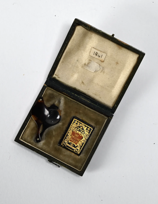 The publisher of this 1841 miniature book, titled ‘The English Bijou,’ issued it with a magnifying glass and a silk-and-velvet-lined fitted box. It sold for £280 (about $338) plus the buyer’s premium in December 2021. Image courtesy of Andrew Smith & Son and LiveAuctioneers