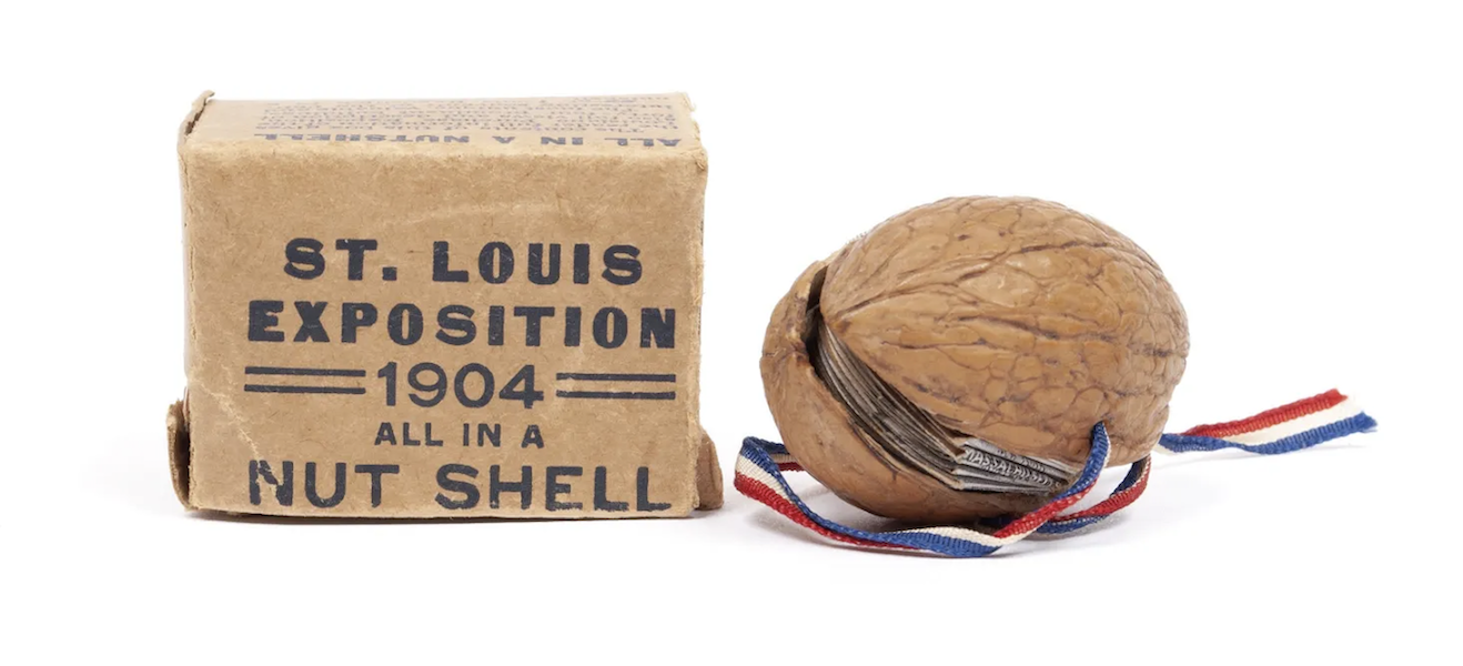 Sold as a souvenir at the 1904 St. Louis Exposition, this miniature book, bound in a walnut shell and closed with a ribbon, came to auction in December 2020 with an estimate of $40-$80. It realized $650 plus the buyer’s premium. Image courtesy of Selkirk Auctioneers & Appraisers and LiveAuctioneers