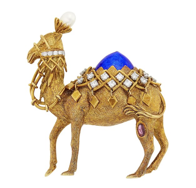 Schlumberger for Tiffany & Co. camel-form brooch with gold, enamel, diamonds and other gems, $11,970. Image courtesy of Doyle and LiveAuctioneers