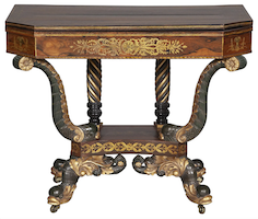 Circa-1825 classical rosewood gilt stencil decorated and painted fold-over games table, attributed to Barzilla Deming and Erastus Bulkley of New York, estimated at $20,000-$40,000. Image courtesy of Doyle and LiveAuctioneers