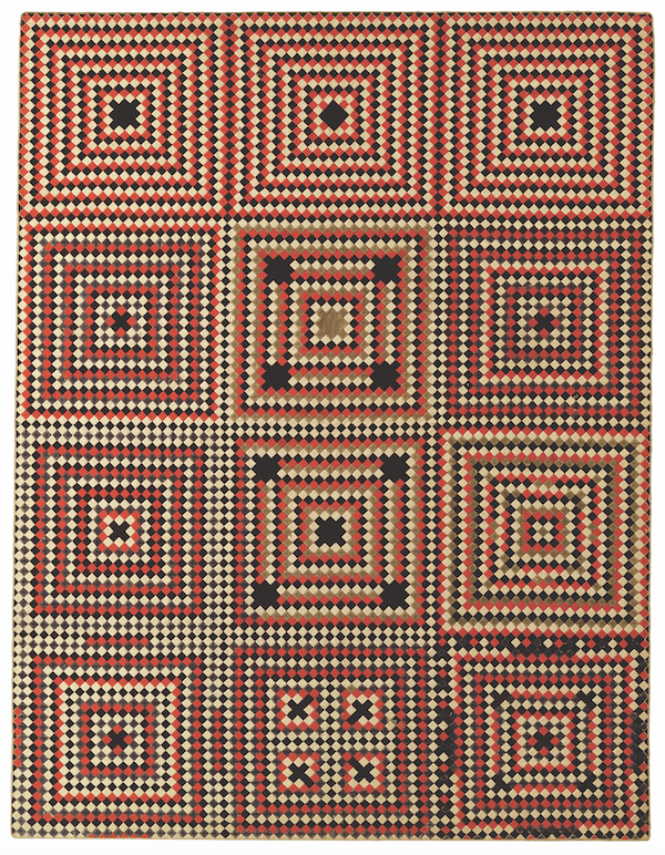 Artist unidentified, Soldier’s Quilt: Square Within a Square, Crimea, India or United Kingdom. 1850–1880, wool, probably from military uniforms, 85 1/2 by 66in. American Folk Art Museum, New York, gift of General Foods, 1986.7.1. Image courtesy American Folk Art Museum.