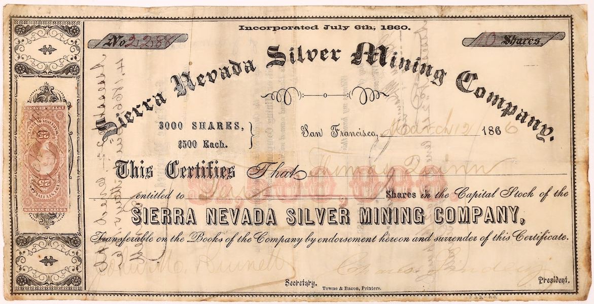 Early stock certificate for the Sierra Nevada Silver Mining Company, $750