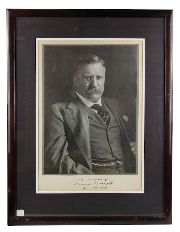 Huge Ewing & Harris gelatin silver photograph of Teddy Roosevelt, signed by the president, estimated at $7,000-$8,000
