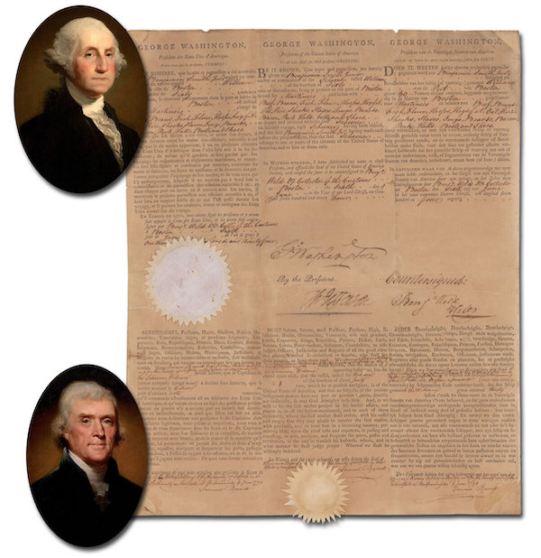 Sitting President George Washington and future president Thomas Jefferson boldly signed three-language ship’s papers in 1794, estimated at $20,000-$30,000