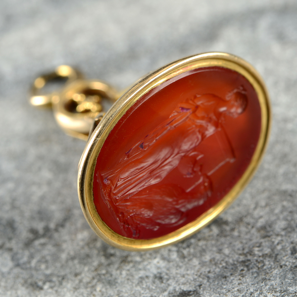 Members of the Fellows jewelry team discovered the carved carnelian fob in a bag of miscellaneous pieces.