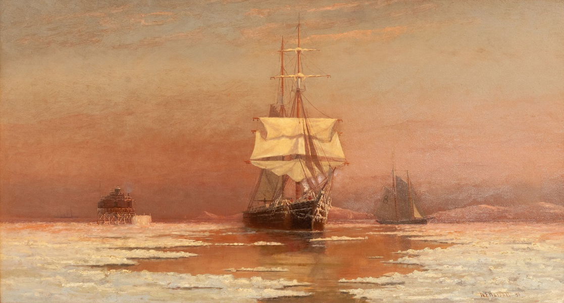 William F. Halsall, ‘Tall Ship in Boston Harbor Near Narrows Lighthouse with Icebergs in Distance,’ estimated at $5,000-$10,000
