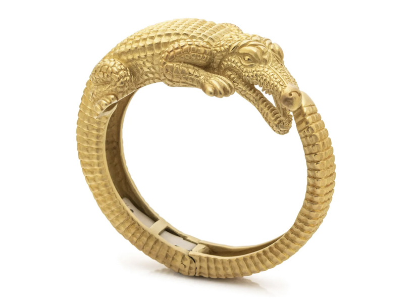 A Barry Kieselstein-Cord 18K gold alligator-form cuff bracelet achieved $10,000 plus the buyer’s premium in September 2022. Image courtesy of Hindman and LiveAuctioneers.