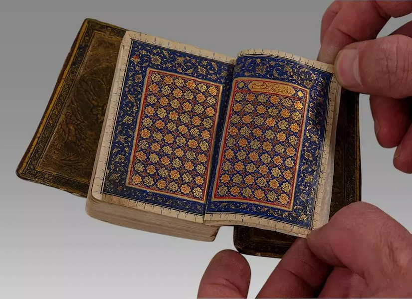 A circa-17th-century Islamic Persian Safavid dynasty miniature Koran, measuring 3 ½ by 2 1/4in, achieved $5,000 plus the buyer’s premium in February 2022. Image courtesy of Palmyra Heritage Gallery and LiveAuctioneers.