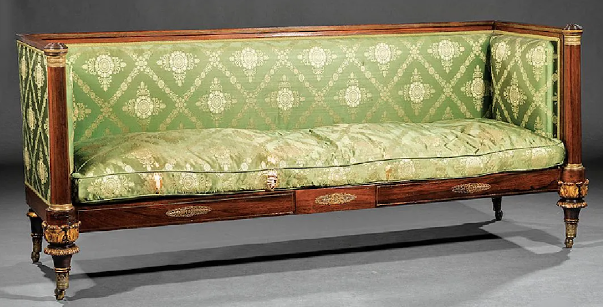 This rosewood box sofa attributed to Duncan Phyfe sold for $15,000 plus the buyer’s premium in January 2018. Image courtesy of Neal Auction Company and LiveAuctioneers.