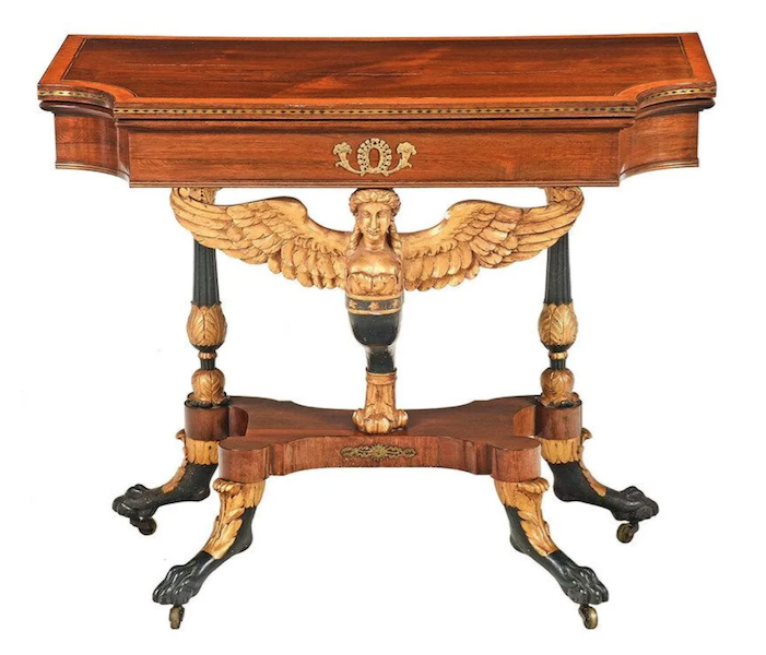 This classical gilt and rosewood caryatid card table, attributed to Duncan Phyfe and dating to between 1815-1820, achieved $130,000 plus the buyer’s premium in September 2020. Image courtesy of Brunk Auctions and LiveAuctioneers.