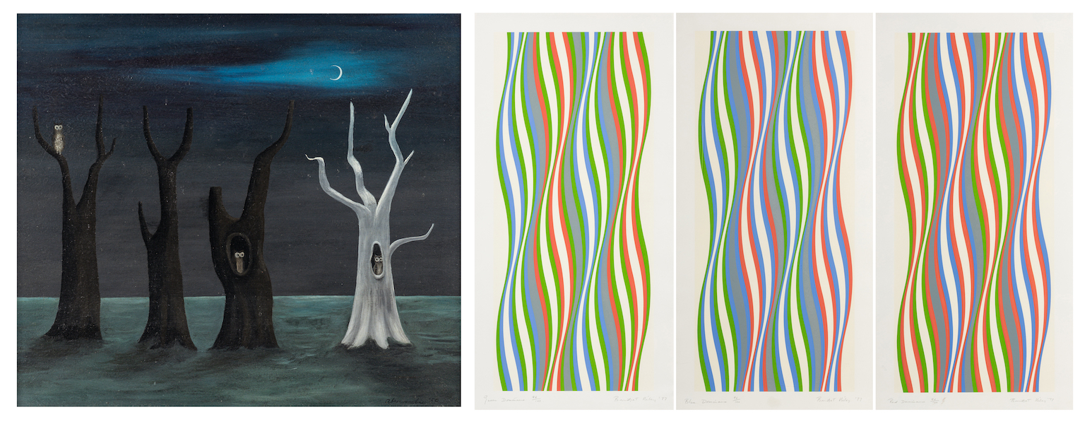 Left, Gertrude Abercrombie, ‘Four Trees and Three Owls,’ $352,800; Right, Bridget Riley, ‘Green Dominance, Blue Dominance, Red Dominance,’ $88,200. Images courtesy of Hindman