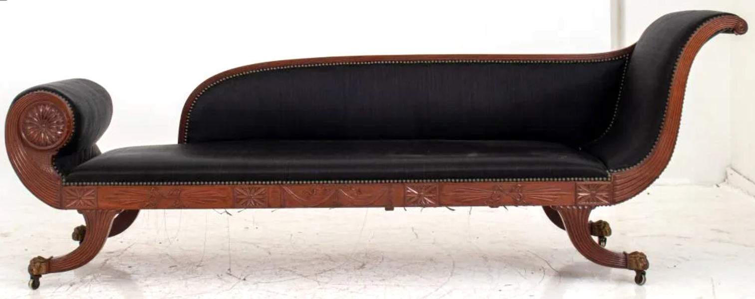 A Grecian-taste sofa attributed to Duncan Phyfe earned $17,000 plus the buyer’s premium in September 2022. Image courtesy of Auctions at Showplace and LiveAuctioneers.