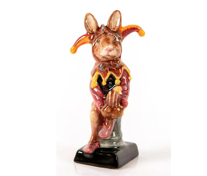 A prototype Royal Doulton Bunnykins jester realized $9,000 plus the buyer’s premium in October 2021. Image courtesy of Lion and Unicorn and LiveAuctioneers.