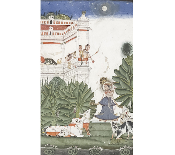 Indian miniature of Radha dressed as Krishna, playing a flute to cows by moonlight, estimated at $700-$1,000