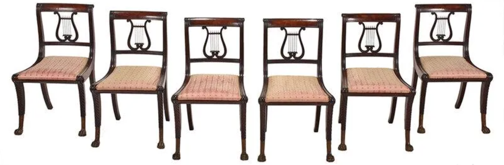 A circa-1815 set of six lyre-back Klismos chairs attributed to Duncan Phyfe realized $60,000 plus the buyer’s premium in September 2020. Image courtesy of Brunk Auctions and LiveAuctioneers.