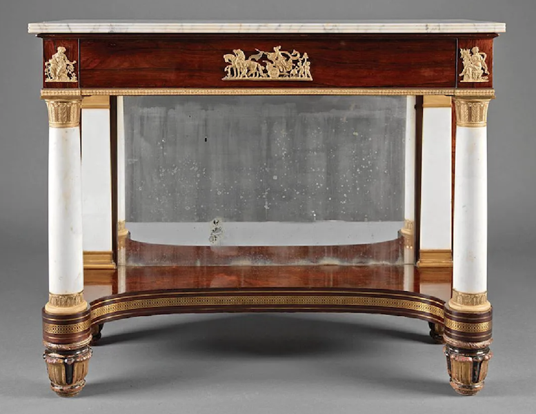 A marble and rosewood pier table attributed to Duncan Phyfe brought $47,500 plus the buyer’s premium in April 2017. Image courtesy of Neal Auction Company and LiveAuctioneers.