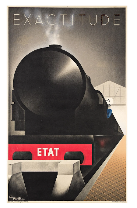 A 1932 Pierre Fix-Masseau railroad travel poster, ‘Exactitude,’ (a term that translates to ‘accuracy,’) brought $12,000 plus the buyer’s premium in November 2022. Image courtesy of Swann Auction Galleries and LiveAuctioneers.