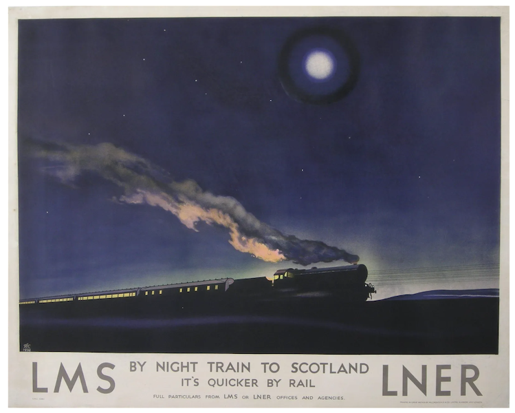 Philip Zec’s railroad travel poster ‘By Night Train to Scotland’ attained $25,456 plus the buyer’s premium in November 2020. Image courtesy of Onslows Auctioneers and LiveAuctioneers.