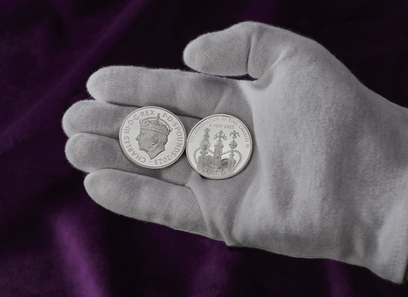 The £5 coin is the one among the group of coronation coins that gives the date of the event: May 6, 2023. Image courtesy of the Royal Mint and © the Royal Mint