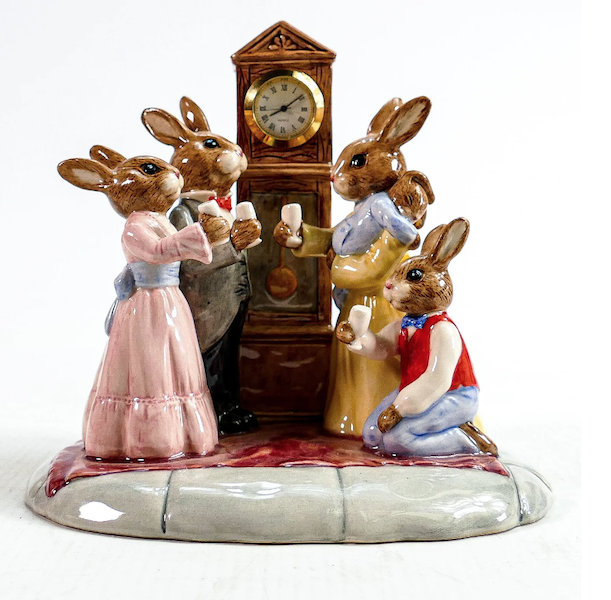 This Royal Doulton prototype Bunnykins tableau, titled Celebration Time and dated 1998, attained $44,347 plus the buyer’s premium in July 2022. Image courtesy of Potteries Auctions Ltd and LiveAuctioneers.