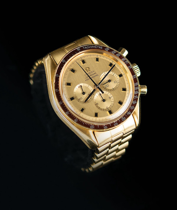 Another view of the 18K gold Omega Speedmaster Professional 1969 Apollo 11 commemorative watch given to astronaut Alan Bean, which sold for $302,500. Image courtesy of RR Auction