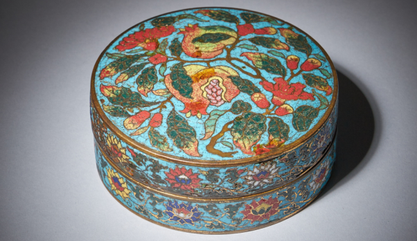 Ming dynasty-era cloisonne pomegranate box and cover, estimated at £6,000-£10,000. 