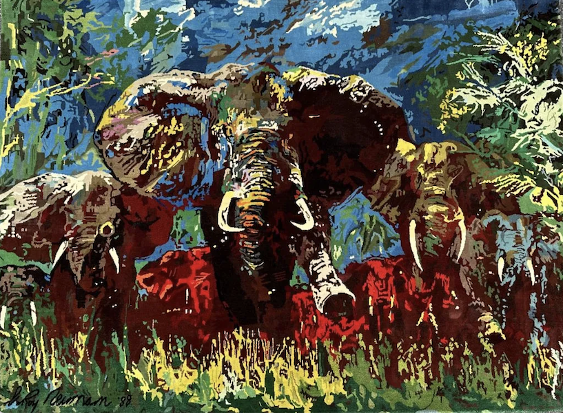 LeRoy Neiman (American, 1921-2012), Elephant Stampede, 1988, silk tapestry, 60in x 81in. Edition 36/88 published by Knoedler, NY. Studio certificate signed and numbered by LeRoy Neiman. Estimate $4,000-$6,000