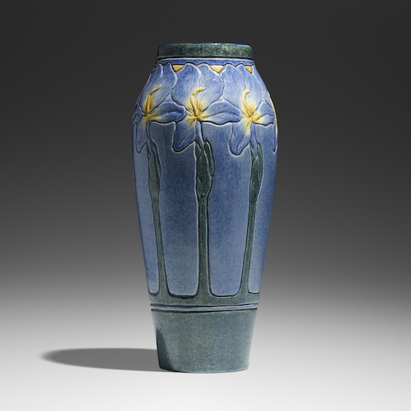 Early and tall vase with irises by Leona Nicholson for Newcomb College Pottery, estimated at $19,000-$24,000. Image courtesy of Rago Arts and Auction Center