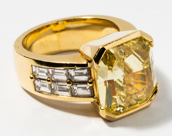 Ring featuring 10.65-carat fancy yellow diamond, estimated at $200,000-$300,000. Image courtesy of Abell Auction Co.
