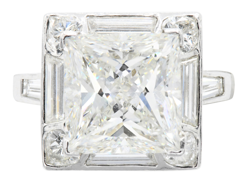 Platinum ring centered on a 4.01-carat princess cut diamond, estimated at $50,000-$75,000