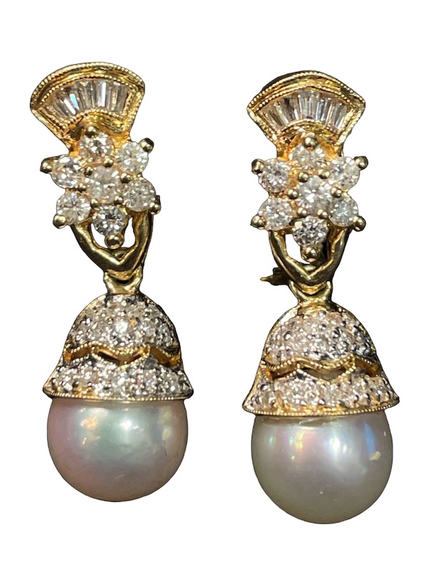 18K gold, diamond and pearl earrings, hammer price of $2,100