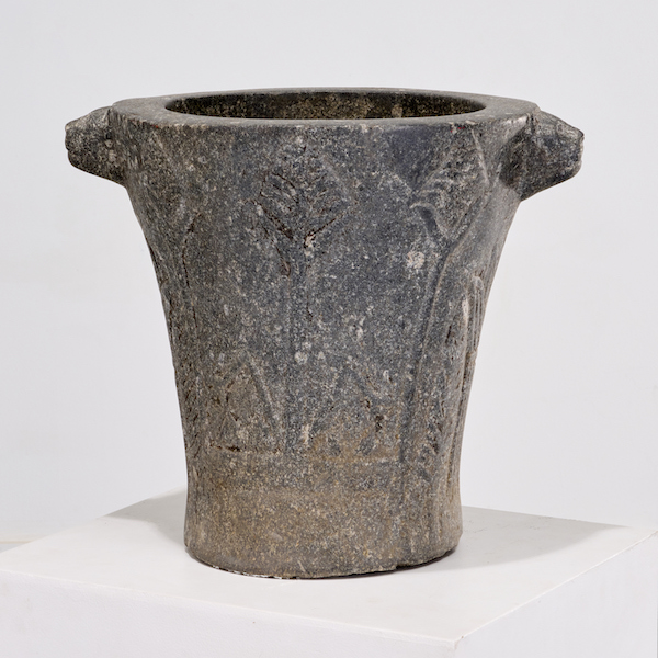 Egyptian basalt mortar or urn, circa 5th or 6th dynasty, sold to benefit the Rosenbach Museum, estimated at $3,000-$5,000. Image courtesy of Millea Bros.