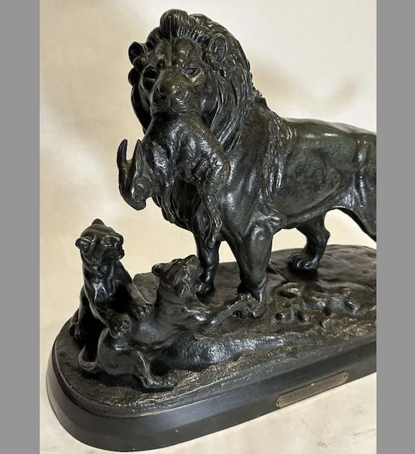 Paul-Edouard Delabrierre (French, 1829-1912), A Lion with Two Cubs, 1890 bronze with dark green and brown patina, inscribed on base. Size: 27in x 20in x 9in. Estimate $1,000-$1,500
