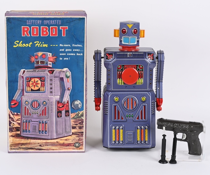 Masudaya (Japan) 15in battery-operated Target Robot from the elusive and highly coveted ‘Gang of Five’ robot series. All original and complete, retains correct dart gun and two darts. Original box (some restoration). Estimate $20,000-$25,000