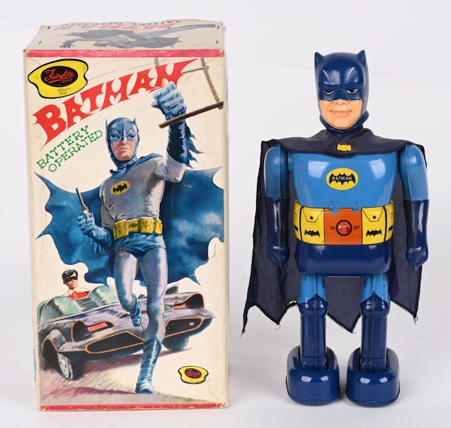 Fantastic Nomura (Japan) battery-operated Walking Batman. All original, complete, and appears never to have been played with. All functions in working order when tested. Clean original box with great graphics of Batman, Robin and Batmobile. Estimate $6,000-$8,000