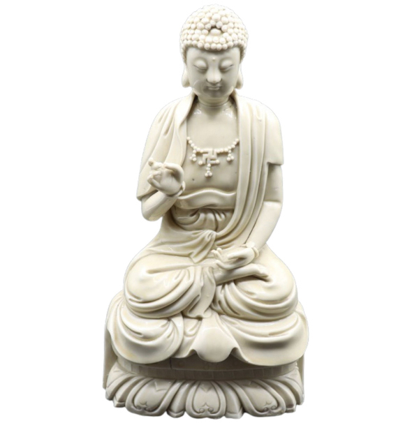 Blanc de chine Buddha figure with a spiritual symbol, $25,200