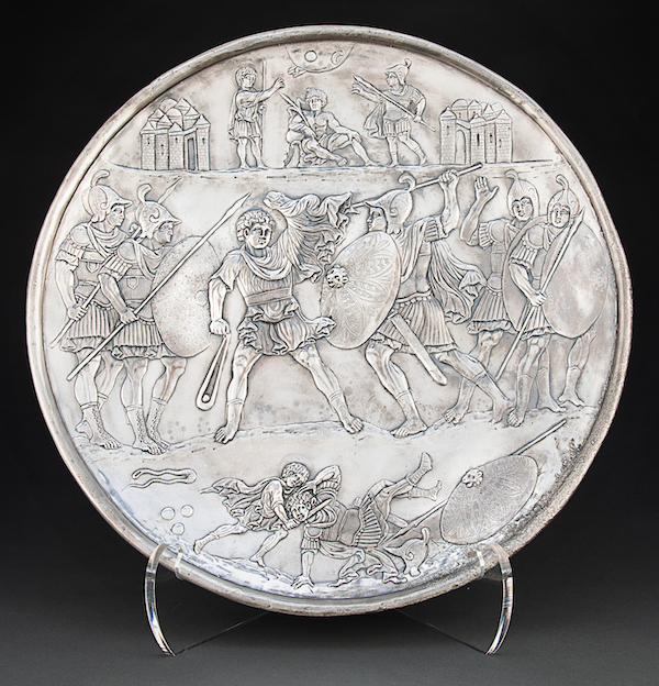 Circa-1977 reproduction of the Byzantine David and Goliath silver plate in the Met’s collection, estimated at $10,000-$15,000. Image courtesy of Heritage Auctions, ha.com