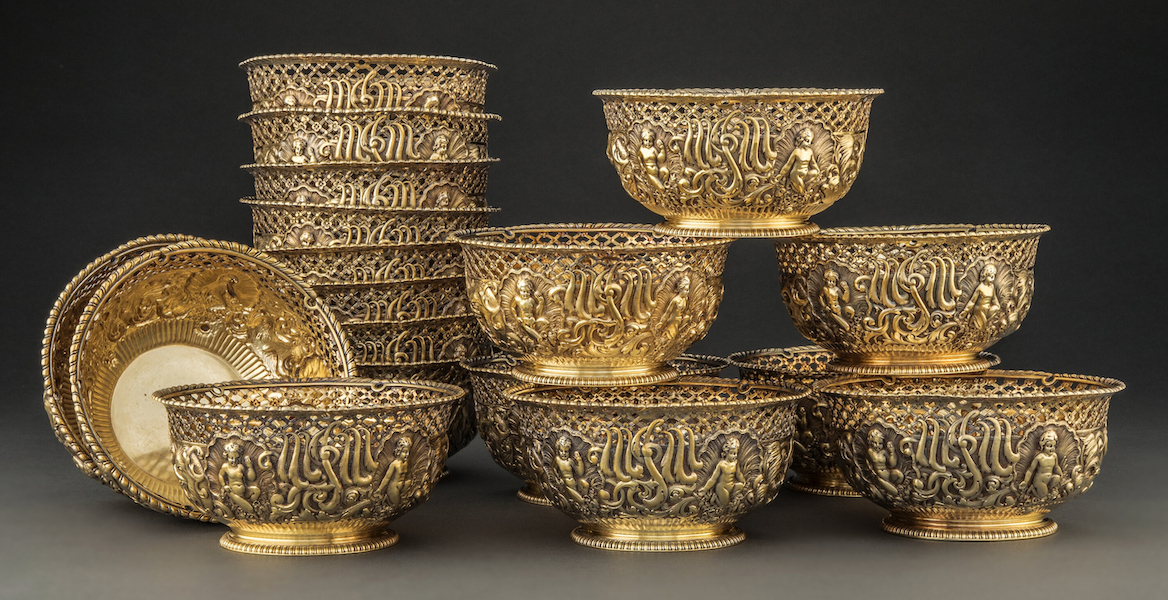 Set of 18 Tiffany & Co. gilt silver finger bowls, estimated at $15,000-$25,000. Image courtesy of Heritage Auctions, ha.com