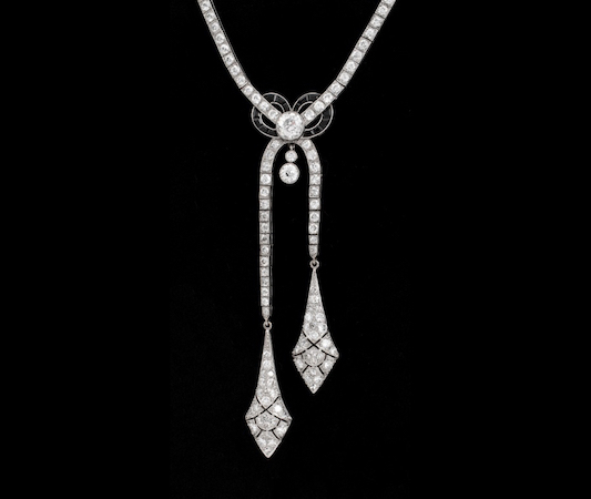 Art Deco platinum, diamond and onyx necklace, estimated at $10,000-$20,000. Image courtesy of Auctions at Showplace