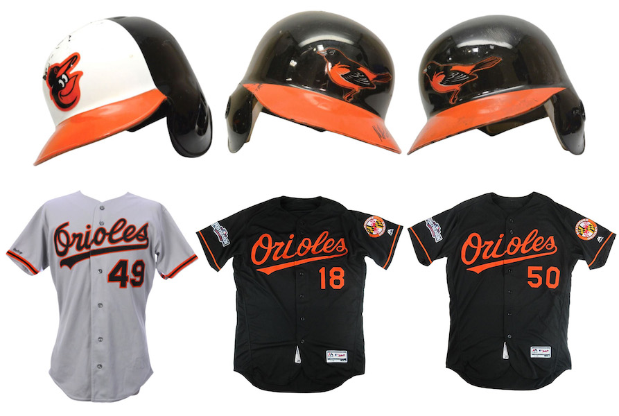 Circa-1990-2016 group of six game-worn baseball helmets and jerseys from the Baltimore Orioles, with grading and authentication from JSA and Mears, estimated at $900-$1,000