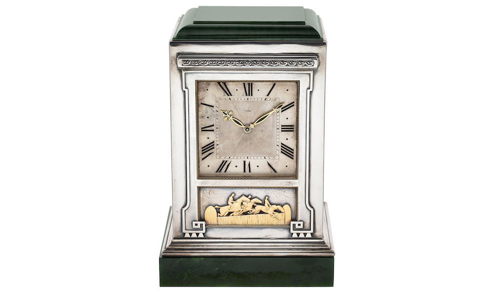 Circa-1915 Cartier nephrite jade, gold and silver mantle clock, estimated at $62,500-$1 million. Image courtesy of Heritage Auctions, ha.com