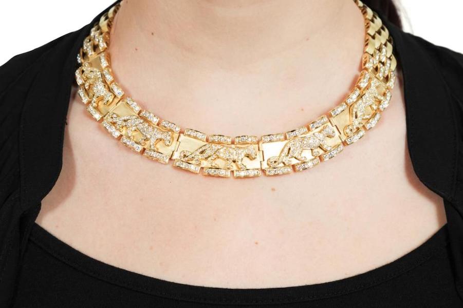 Heavy 18K gold and diamond panther collar necklace, made in the manner of Cartier, $20,570