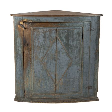 Circa-1820 bow-front Quebec corner cupboard with all-original blue paint, CA$10,620