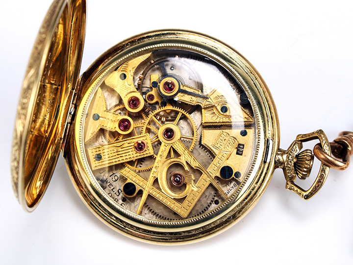 Detail of Willis R. Michael’s own personal presentation 14K Dudley Masonic 19-jewel pocket watch, which he also helped design during his time as a Freemason, estimated at $4,000-$6,000
