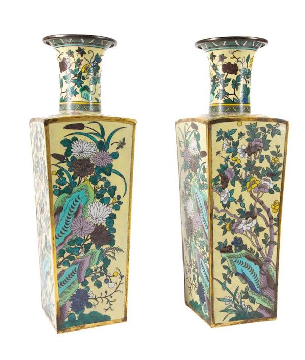 Pair of Chinese cloisonne-on-brass Four Seasons-theme vases, $6,665
