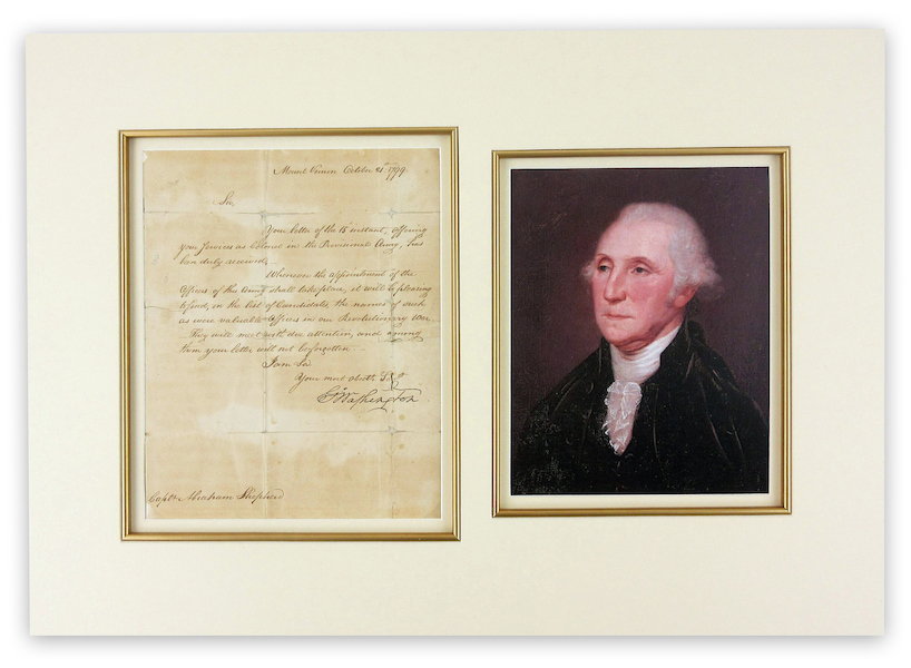 George Washington-signed October 21, 1799 letter to Revolutionary War veteran Captain Abraham Shepherd as Commander-in-Chief of Federal Armies (a role Washington served until his death two months later), estimated at $20,000-$30,000